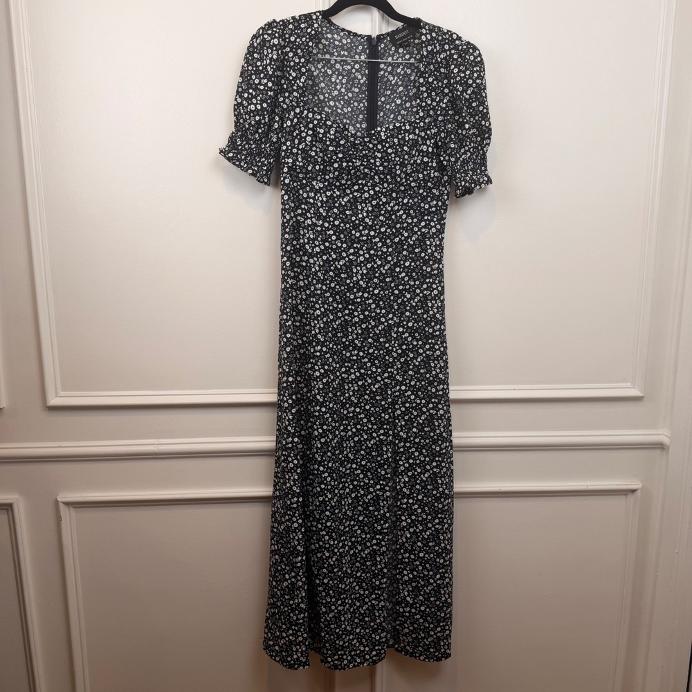 Bardot Black White Floral Ditsy Midi Dress Puff‎ Sleeve Sweetheart Neck US 4 XS